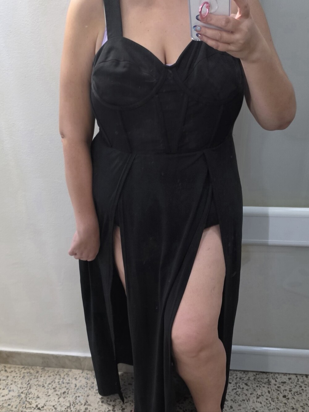 Cider Black High-Low Bustier-Bodysuit Maxi Dress with Front Slits